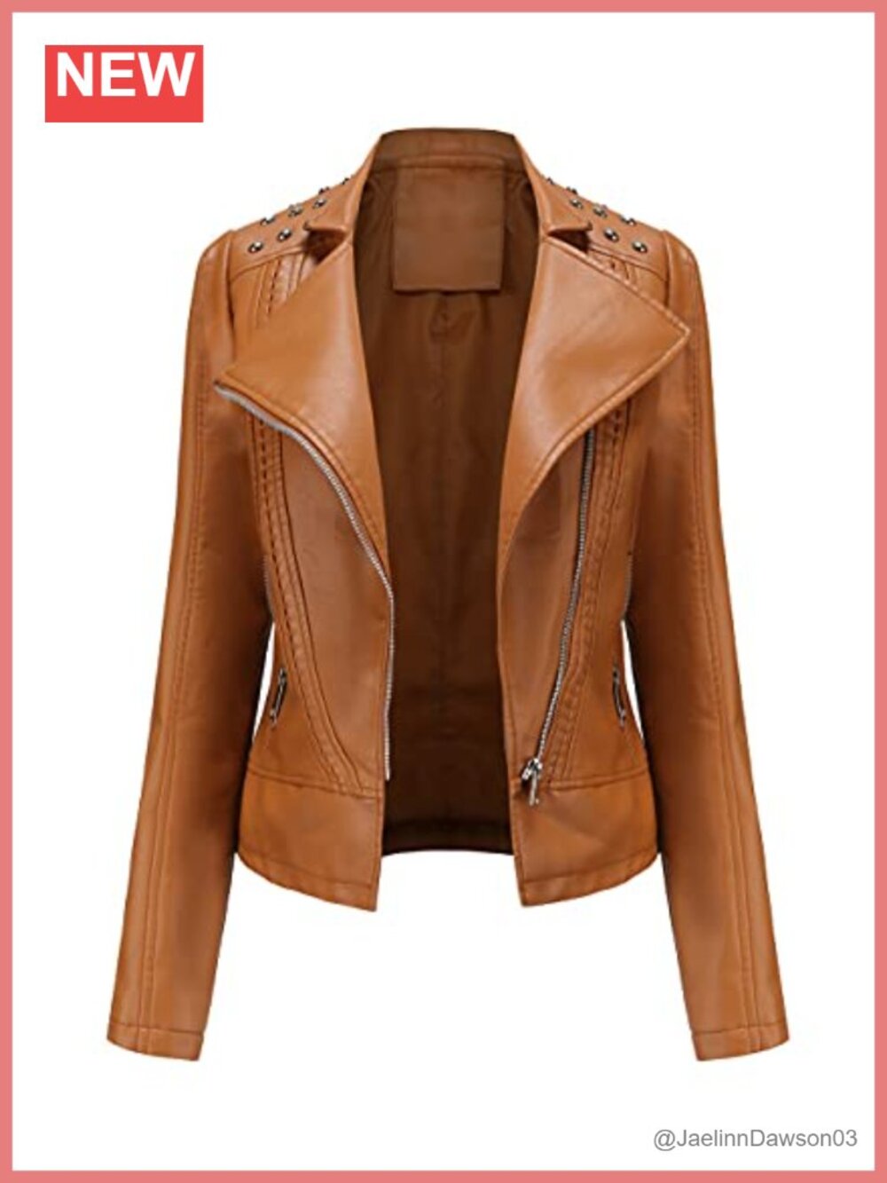 Faux Leather Moto Biker Jacket Studded Shoulder Zip Up